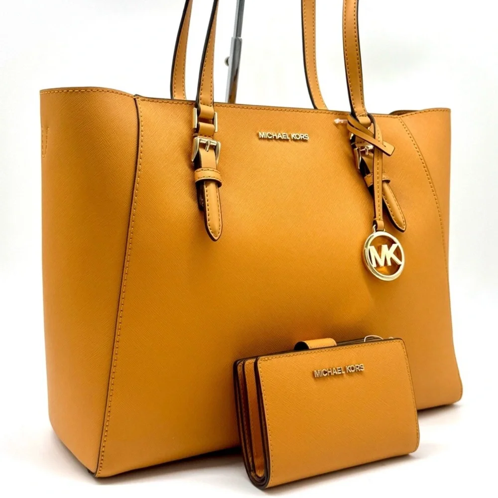 Michael Kors Charlotte LG Tote Bag 3 IN 1 Leather Tote Bag & Bifold Wallet Cider